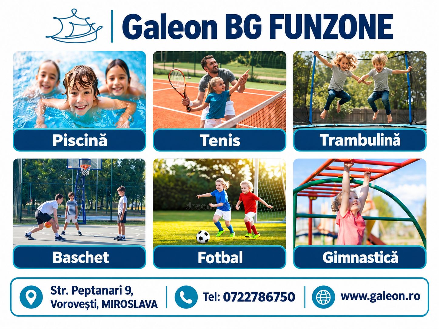 Galeon BG Funzone – piscină, tenis, trambulină, baschet, fotbal, gimnastică. Str. Peptanari 9, Vorovești, Miroslava. Tel: 0722786750